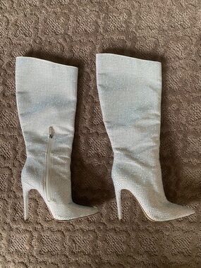Jennifer Lopez White Crystal Knee-High Stiletto Boots